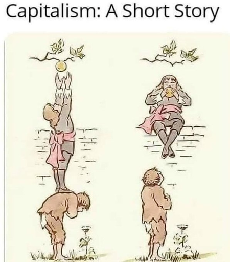 capitalism

human helps another up to eat an apple and is left behind to starve.