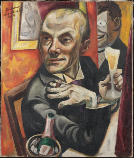 A portrait of the New Objectivity school. An elegantly dressed man in a dinner jacket sits with a champagne glass in one hand and a cigar in the other. Although his body faces right, his head is turned and looks somewhere off out our left. Despite his elegant appearance, his skin is tight and unhealthy-looking, his coloring off, his body contorted. The wall behind him is bright orange, with a mirror or picture in a gold frame. Over his shoulder, on the right, half of another man's face can be seen, with a cartoonish, smiling expression.