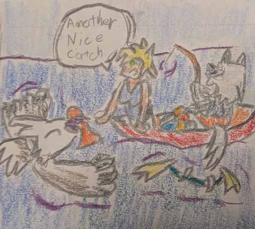 Color pencil drawing of three characters in the ocean. On the left, Tulin, a Rito man from The Legend of Zelda Breath of the Wild, wades in the ocean with a fish in his beak. His girlfriend Nina, a human woman, leans on the side of a boat and says "Another nice catch." Their friend Sami, an anthro Hisuian Samurott man, fishes from the back of the boat. A pile of fish are between Nina and Sami.