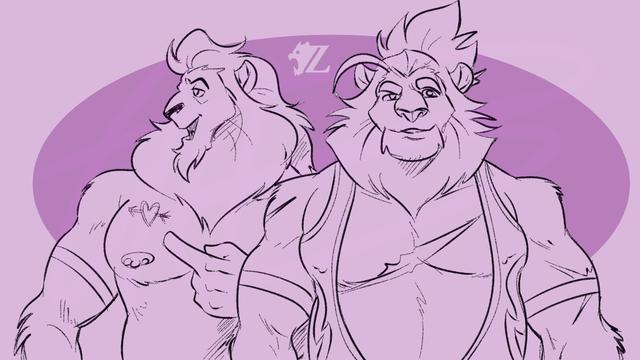 Estefan and Zeiros, two male anthropomorphic lions, are shown in their wrestling gear (at least from the waist up.) Estefan is bare-chested and wears a pair of bicep bands as he turns his head to look at a fan. He has his nipples pierced and a heart-and-arrow tattoo on his right pectoral. Meanwhile Zeiros wears a scoop-style singlet and a pair of arm bands, looking forward to the viewer with a cock smirk on his lips.