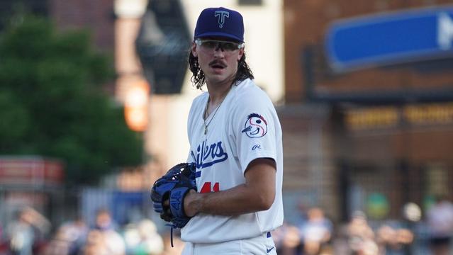 Los Angeles Dodgers pitching prospect Patrick Copen pitches in a white Tulsa Drillers uniform