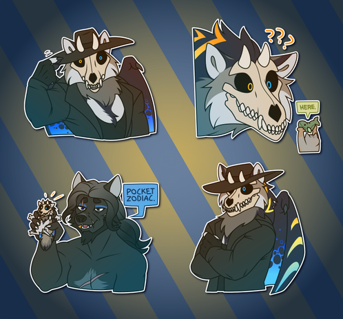 Telegram stickers of a wolf-dragon monster with a skull for a face. In them, they're anthro and dressed as the wrestler The Undertaker, tipping their hat; stare in confusion as a tiny pallas cat presents a fish-shaped plushie and says 'here.' matter-of-factly; is feral and tiny, held up in a bander's hold by an anthro wolf proudly stating 'pocket Zodiac.'; and appears as an anthro dressed as The Undertaker with crossed arms and an unreadable stare.