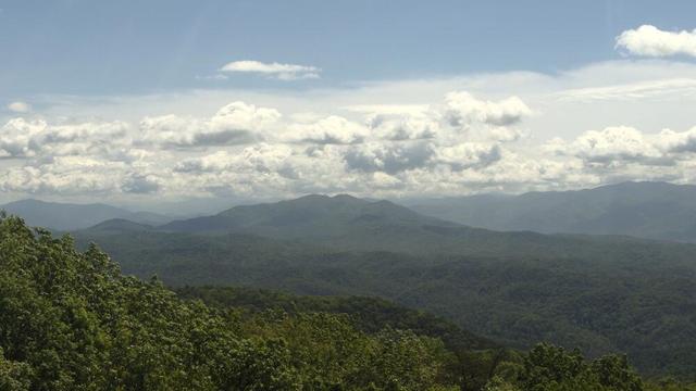 Rolling mountain view with tree-covered foothills. Puffy clouds in the blue sky.
