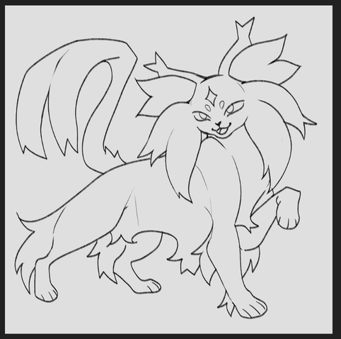Longhair espeon design (lines only, work in progress) with a pointed diamond gem and very thick tufts of fur.