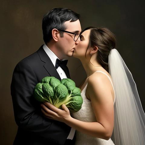 Image with seed 204619325 generated via Stable Diffusion through @stablehorde@sigmoid.social. Prompt: John Oliver kissing his cabbage bride