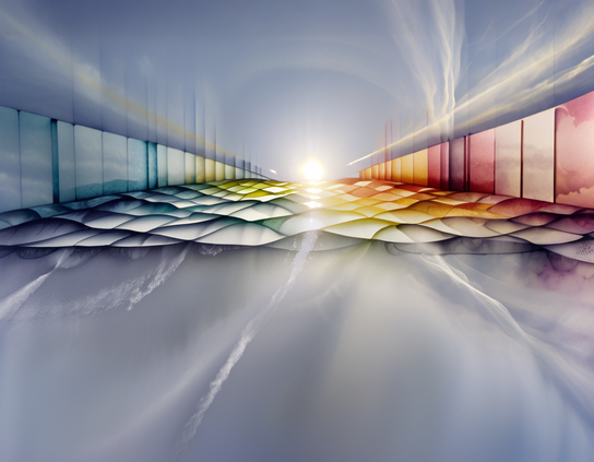 Futuristic solar collecting elevated highway, paved with rainbow-patterned tiles, stretching toward a glowing sun on the horizon, with dreamy sky reflections and soft cloud textures.