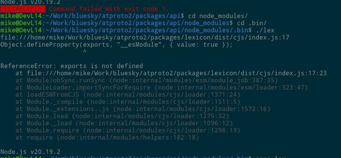Why is lex-cli failing? exports don't exist for the node build of lexicon. Why not? Long story short, Node.js assumes that .js files in a project of type "module" are ESM NO MATTER WHAT!