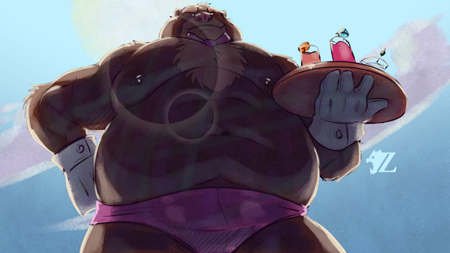 Waffle, an absolute lad of an anthropomorphic Kodiak bear, looms over the viewer. He is completely brown in color, with patches of lighter brown for his eyebrows, muzzle, and chest fur. He isn't wearing much to hide that fur, other than a pair of classy white gloves, a pink bow tie, and a pink speedo. He carries a tray of various drinks as the sun is directly behind him, casting a large shadow onto the viewer.