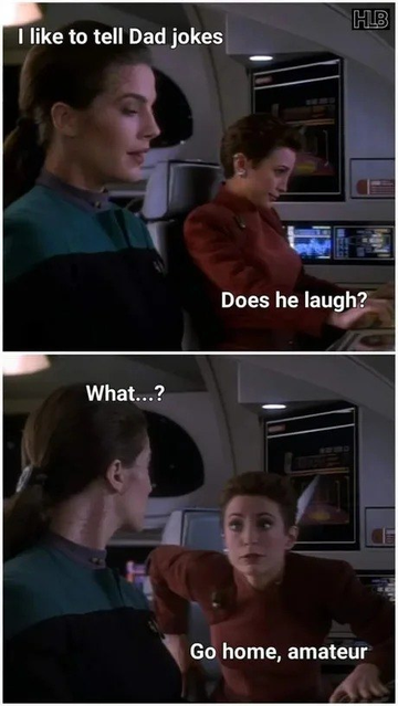2 screenshots from Star Trek ds9 of Kira and Dax in a shuttle.
Dax: I like to tell dad jokes
Kira: does he laugh?
Next panel, Dax Looks over 
Dax: what...?
Kira gets up to leave: go home, amateur