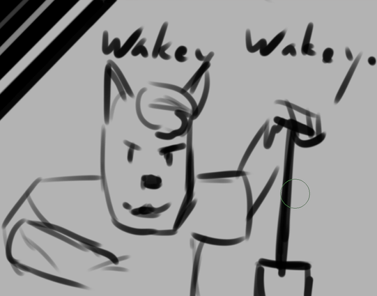 A male anthropomorphic dog with a shovel looking down on the viewer and saing "wakey wakey"