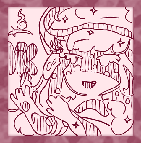 An ink drawing of a Parrot Waxcap mushroom playing with her fairy companion.