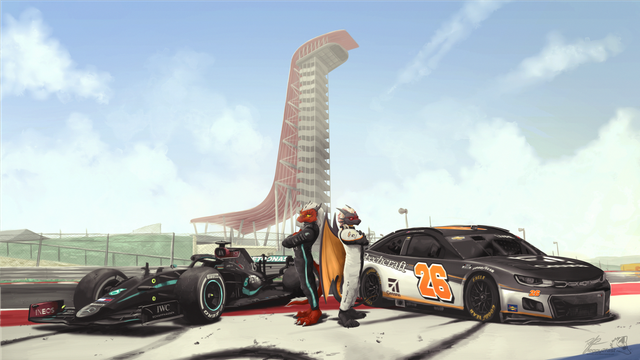 Illustration of two dragon characters standing by two cars: A Mercedes W11 and a NASCAR Camaro. The background features the observation tower at COTA.