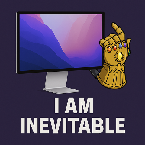 An Apple Studio Display wearing an Infinity Gauntlet saying "I Am Inevitable" Thanos-Style