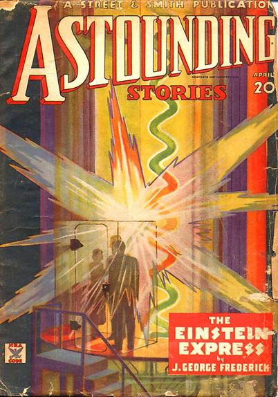 Three silhouetted figures are seen in a glass box on a platform; behind them is a bright star-shaped light or explosion shooting rays across the whole image, with a spiral shape going vertically through it.
Astounding Stories magazine cover from 1935.
