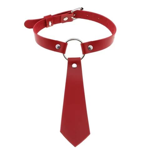 A red leather bondage collar made to look like a business suit tie.