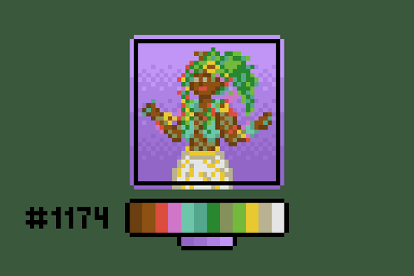 Pixel art of the character Prissy Plastique from the game Date Everything. She's an anthropomorphized fake plastic plant, complete with a vest made of that green florist foam stuff. Also from the waist down, she's in a vase.