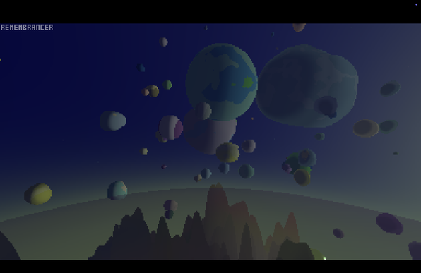a whole bunch of lumpy space rocks of various sizes and colors hang in a blue sky with a yellowish haze above a sharply defined yet rounded range of brown mountains encased in a large glassy orb. the rocks have swirling patterns on them and the whole vibe is very prog rock album cover