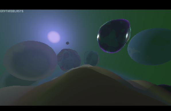 a bunch of very large lumpy space rocks loom ahead in a hazy blue green sky. the sun illuminates through the haze above the space rocks and directly ahead is a yellowish brown hill or mountain. one of the rocks is shiny and looks like it is made from a dark colored glassy material