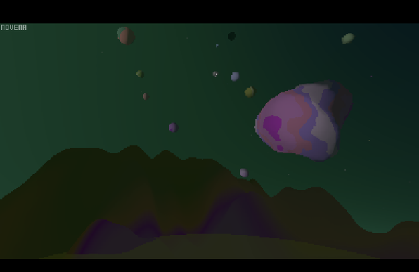 a very irregular lumpy space rock hangs in an emerald sky above a dark green and purple ridge. it is brightly patterned in swirls of white, light blue, pink, and hot pink. the hot pink swirl looks sort of like an exclamation mark!