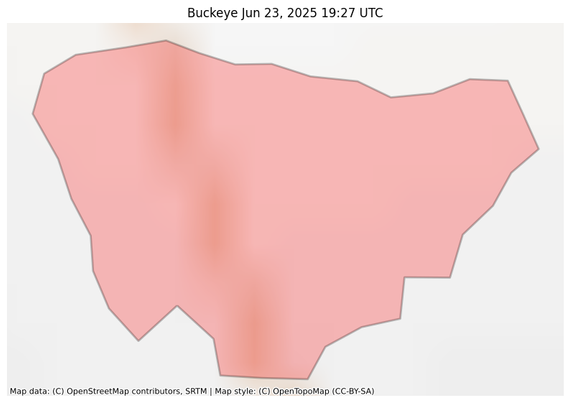 Visual map representation of the Buckeye wildfire, showing the perimeters of the 0.2061212294016953 acre fire on a map.