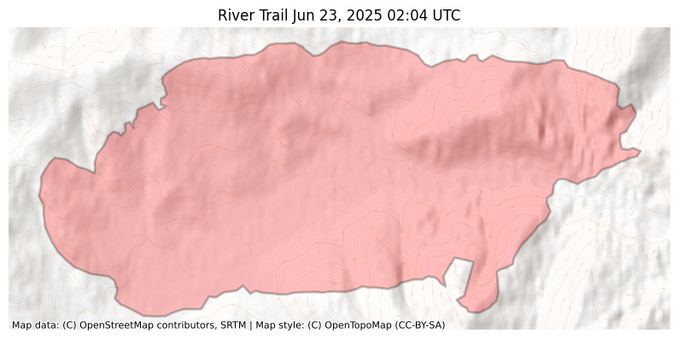 Visual map representation of the River Trail wildfire, showing the perimeters of the 14410.38788431 acre fire on a map.
