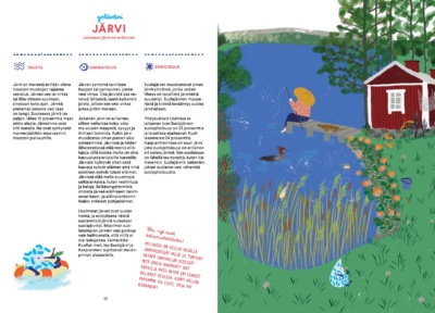 Järviä kuvaava aukeama. Oikealla puolella on kuva järven rannasta. Ihminen istuu laiturilla onkimassa koiran kanssa, uikku ui järvessä ja rannassa on kaislikkoa. Vasemmalla sivulla on järvistä kertovaa tietotekstiä.