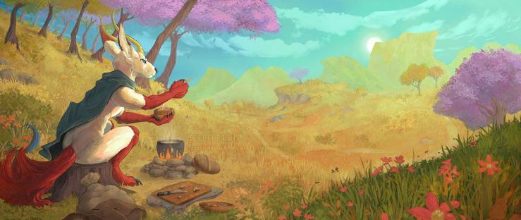 A large, expansive digital illustration of a mostly open clearing in low hill terrain where my Kivük fursona has taken up a place to cook a quick stew. He sits on a tree stump, slightly turned away from the viewer, wearing a gold lined green cloak, pouring a bowl of food, with a cutting board next to him with remainder of wild mushroom slices left behind. Of the landscape, it is early autumn at the start of sunset, as the sun is dropping down behind tall, distant mountains while the sky remains mostly a calm, lightly cloudy sky. But here near Sudaksis are some scattered trees dotting the hills, in full yellow, green, and purple leaf attire. A worn footpath leads through the fields of grass and flowers, leading into the mountains but this spot lies away from it. It's a stunning scene, focusing more of the nature than the character, though he is still very detailed and taking up a third of the view.