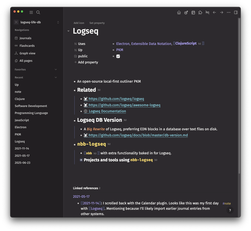 outliner note application describing Logseq, with properties indicating that it uses Electron, Extensible Data Notation, and ClojureScript, and that it is a subpage of "PKM"