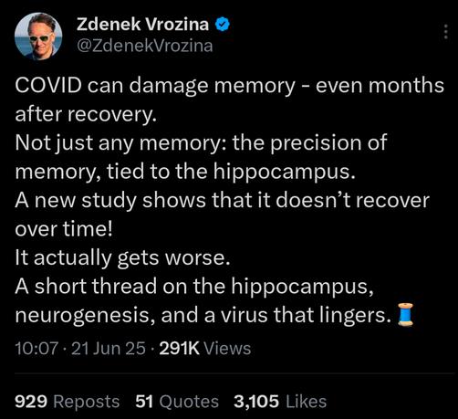 COVID can damage memory - even months after recovery.
Not just any memory: the precision of memory, tied to the hippocampus.
A new study shows that it doesn’t recover over time!
It actually gets worse.
A short thread on the hippocampus, neurogenesis, and a virus that lingers.🧵
