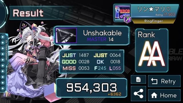 TAKUMI^3 play result. 
"Unshakable" by RiraN; MASTER chart rated 14. 
954,303 points and rank AA. 
Upscored by 6,362.