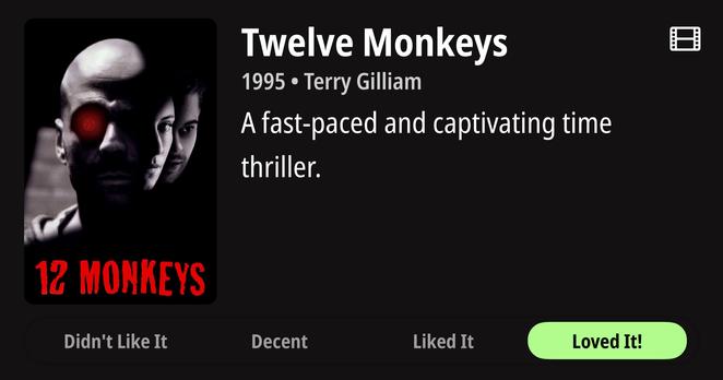 Large red text at bottom reads “12 MONKEYS” in bold, distressed lettering. White text displays the title “Twelve Monkeys,” year “1995,” and director “Terry Gilliam” at the top, with the review “A fast-paced and captivating time thriller” below. A film reel icon appears in the upper right corner. Four rating buttons span the bottom: “Didn’t Like It,” “Decent,” “Liked It,” and “Loved It!” with the last option highlighted in bright green.