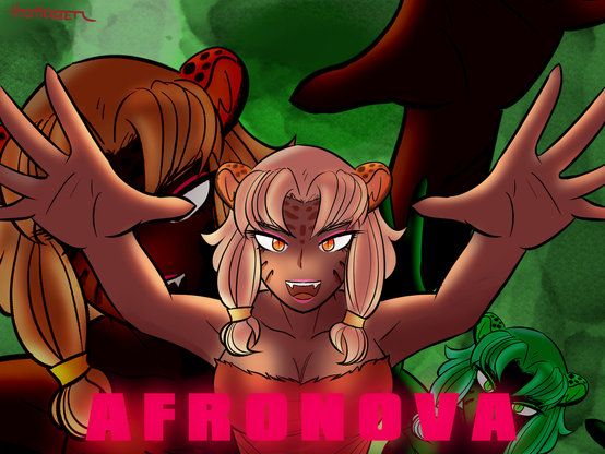 Redrawn version of the Afronova cover art from Dance Dance Revolution, with the bald tribal man replaced with an anime jaguar girl. The girl has orange eyes and a red furred tube top. Her mouth is open showing her fangs in a fierce expression. She has shoulder length ashy blonde hair. Her hands are up like she's pouncing at the viewer. There are shadowy versions of her looming behind her.