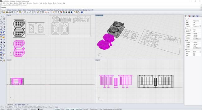 A screenshot from 3D modelling program Rhino 3D, where the model of a Nintendo controller socket is shown on screen. Next to that model is a box with a flattened view of the socket, showing just the outline and where the pins go. Accompanying it is the text "19mm pitch", indicating that there is a 19mm distance from the centre of one socket to the centre of the next, for alignment purposes.