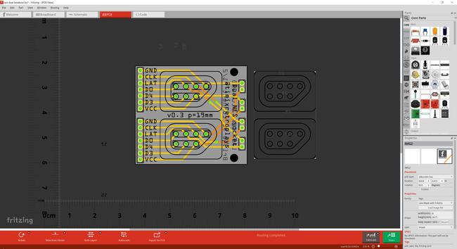 A screenshot from circuit board design program Fritzing, showing the dual socket design from the first image on this post imported and placed next to a circuit board.