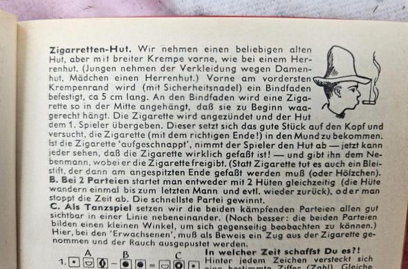 Buchanleitung über ein Spiel wo man ne Zigarette an einem Faden an seinen Hut bindet und sie dann mit dem Mund fängt