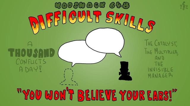 Kodsnack 648 - Difficult skills. A silhouette looking like Frankenstein's monster and a silhouette of someone invisible with two speech bubbles above them. Texts around them read "A THOUSAND conflicts a day!", "The Catalyst, the Multiplier, and the Invisible Manager", and "You won't believe your ears!"