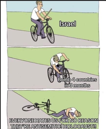 Tryptich:
1: Someone smiling one a bike holding a stick. Caption is 'Israel'
2: Same person inserting stick between spokes of the bike front wheel. Caption is 'Bomb 4 countries in 3 months'
3: Same person fallen down because. Caption is 'EVERYONE HATES US FOR NO REASON THEY'RE ANTISEMITIC! HOLOCAUST!!'