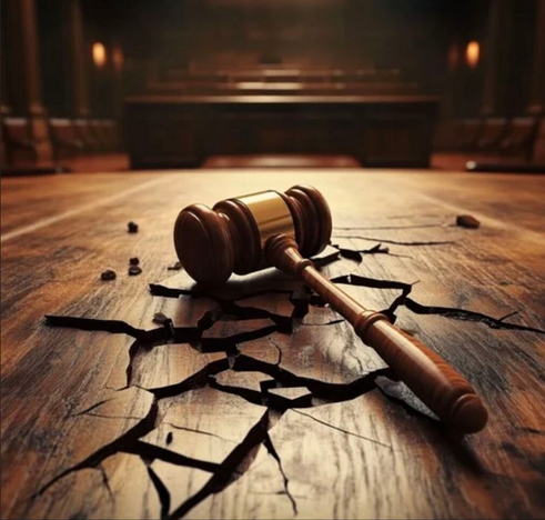 An image of a judge's gavel sitting on the shattered surface of a desk. The wood looks cracked in a way that suggests stone, so it's probably some sort of LLM-generated hallucination. Apologies for that if it is.