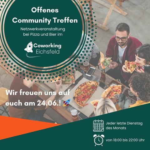 Einladung offenes Community Treffen 
Im Hintergrund sieht man Menschen an einem Tisch essen