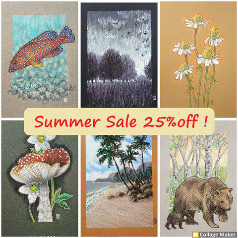 A photo collage of some of the artwork I have included in my summer sale:
A coral grouper fish, a moody morning landscape with trees in violet and grey, chamomile flowers, a fly agaric mushroom, a tropical beach landscape, a grizzly bear with a cub.