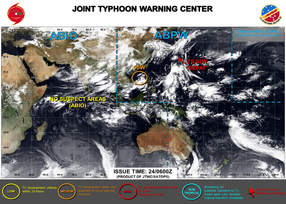 ABPW10 PGTW 240600
MSGID/GENADMIN/JOINT TYPHOON WRNCEN PEARL HARBOR HI//
SUBJ/SIGNIFICANT TROPICAL WEATHER ADVISORY FOR THE WESTERN AND SOUTH 
PACIFIC OCEANS/240600Z-250600ZJUN2025//
REF/A/MSG/JOINT TYPHOON WRNCEN PEARL HARBOR HI/240151ZJUN2025//
AMPN/REF A IS A TROPICAL CYCLONE WARNING.//
RMKS/
1. WESTERN NORTH PACIFIC AREA (180 TO MALAY PENINSULA):
   A. TROPICAL CYCLONE SUMMARY:
      (1) AT 24JUN25 0000Z, TROPICAL STORM 02W (SEPAT) WAS LOCATED 
NEAR 29.3N 141.0E, APPROXIMATELY 366 NM SOUTH OF YOKOSUKA, JAPAN, AND 
HAD TRACKED NORTHWESTWARD AT 12 KNOTS OVER THE PAST SIX HOURS. 
MAXIMUM SUSTAINED SURFACE WINDS WERE ESTIMATED AT 35 KNOTS GUSTING TO 
45 KNOTS. SEE REF A (WTPN31 PGTW 240300) FOR FURTHER DETAILS.
      (2) NO OTHER TROPICAL CYCLONES.
   B. TROPICAL DISTURBANCE SUMMARY:
      (1) THE AREA OF CONVECTION (INVEST 96W) PREVIOUSLY LOCATED NEAR 
14.4N 118.7E IS NOW LOCATED NEAR 15.8N 116.7E, APPROXIMATELY 415 NM 
SOUTH-SOUTHEAST OF HONG KONG. MULTISPECTRAL SATELLITE IMAGERY 
(MSI) DEPICTS A BROAD, SLOWLY CONSOLIDATING LOW LEVEL CIRCULATION 
CENTER (LLCC) WITH WEAKLY FLARING CONVECTION. A RECENT 240308Z GMI 89 
GHZ MICROWAVE PASS SHOWS THE BROAD NATURE OF THE SYSTEMS STRUCTURE 
AND FRAGMENTED CONVECTIVE BANDING. A RECENT 240400Z SHIP OBSERVATION 
TO THE SOUTHWEST OF THE CIRCULATION REVEALS 17KT NORTH-NORTHWESTERLY 
WINDS. ENVIRONMENTAL ANALYSIS IN