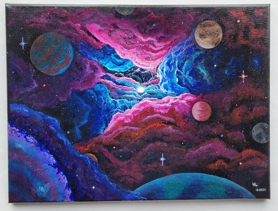 A painting of planets in  nebulae.