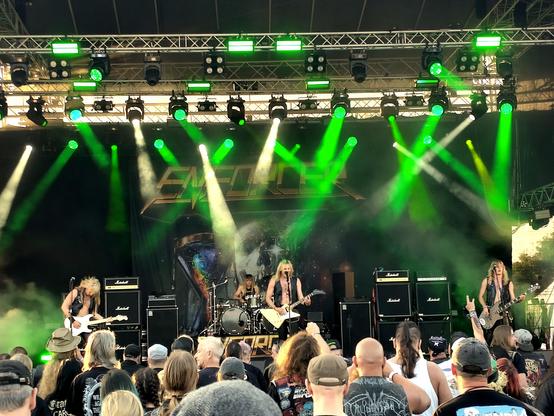 The band "Enforcer" live on stage at Metal Frenzy Open Air festival.