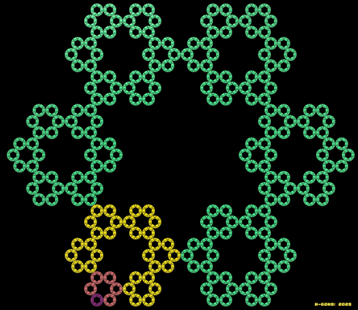 Abstract mathematical art, building a snowflake from dodecagon rings.