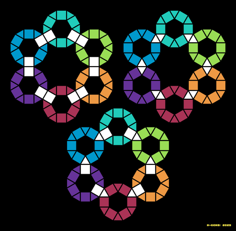 Abstract mathematical art. Threee ways to connect 6 dodecagon rings. Each of them has a star in the centre.