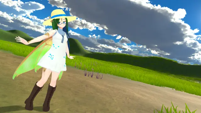 VR photo of my VRChat main character, Sola, in her Fairy Dragon form (anime girl with green-blue hair, glasses, draconic scales, fairy wings).
She's wearing a mostly white sun dress, brown boots and a straw hat.
She's exploring a large grassy field with a single tall tree in the middle.