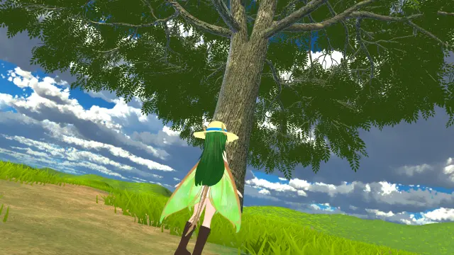 VR photo of my VRChat main character, Sola, in her Fairy Dragon form (anime girl with green-blue hair, glasses, draconic scales, fairy wings).
She's wearing a mostly white sun dress, brown boots and a straw hat.
She's exploring a large grassy field with a single tall tree in the middle.