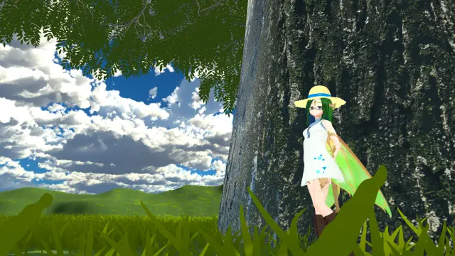 VR photo of my VRChat main character, Sola, in her Fairy Dragon form (anime girl with green-blue hair, glasses, draconic scales, fairy wings).
She's wearing a mostly white sun dress, brown boots and a straw hat.
She's exploring a large grassy field with a single tall tree in the middle.