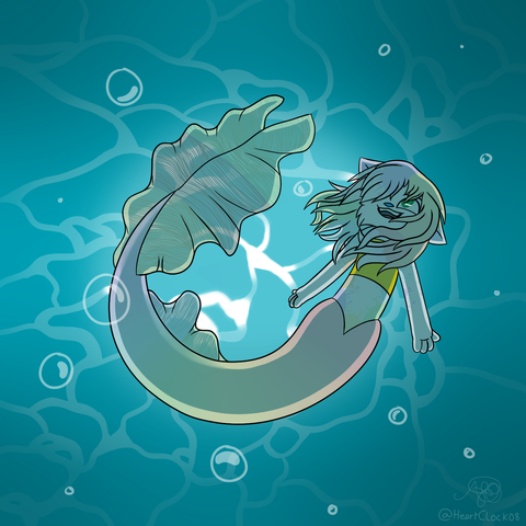 A white, anthropomorphic cartoon cat with a green left eye, a blue nose, and a pastel-colored spots that look like splashes of paint. Her right eye is hidden by her hair, which is dancing in the underwater current as she moves in circles beneath the surface. Her fish tail is rainbow, and the tail fins and dorsal fin are veil-like. She wears a yellow top.