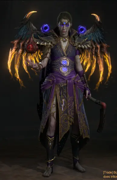 A screenshot from Diablo 4, depicting my necromancer, dressed like Xal'atath, from World of Warcraft, in a robe-ish set, colored purple and blue with glowing orbs over her shoulders and dark eyes.